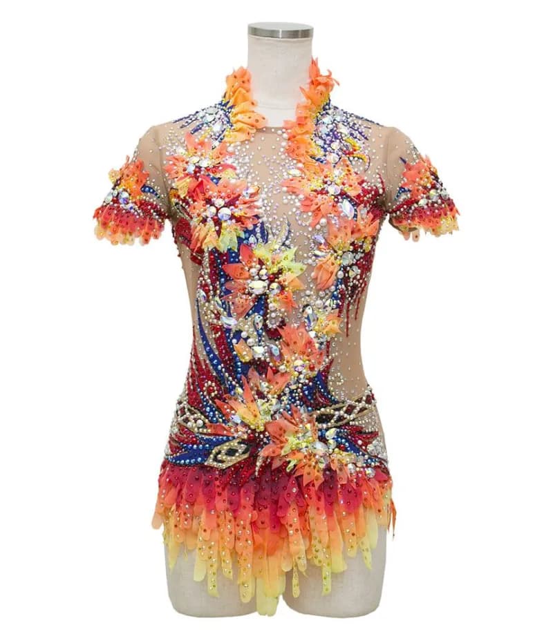 Cosmos Orange オレンジ花柄ペイント 新体操レオタード | MASH Leotard